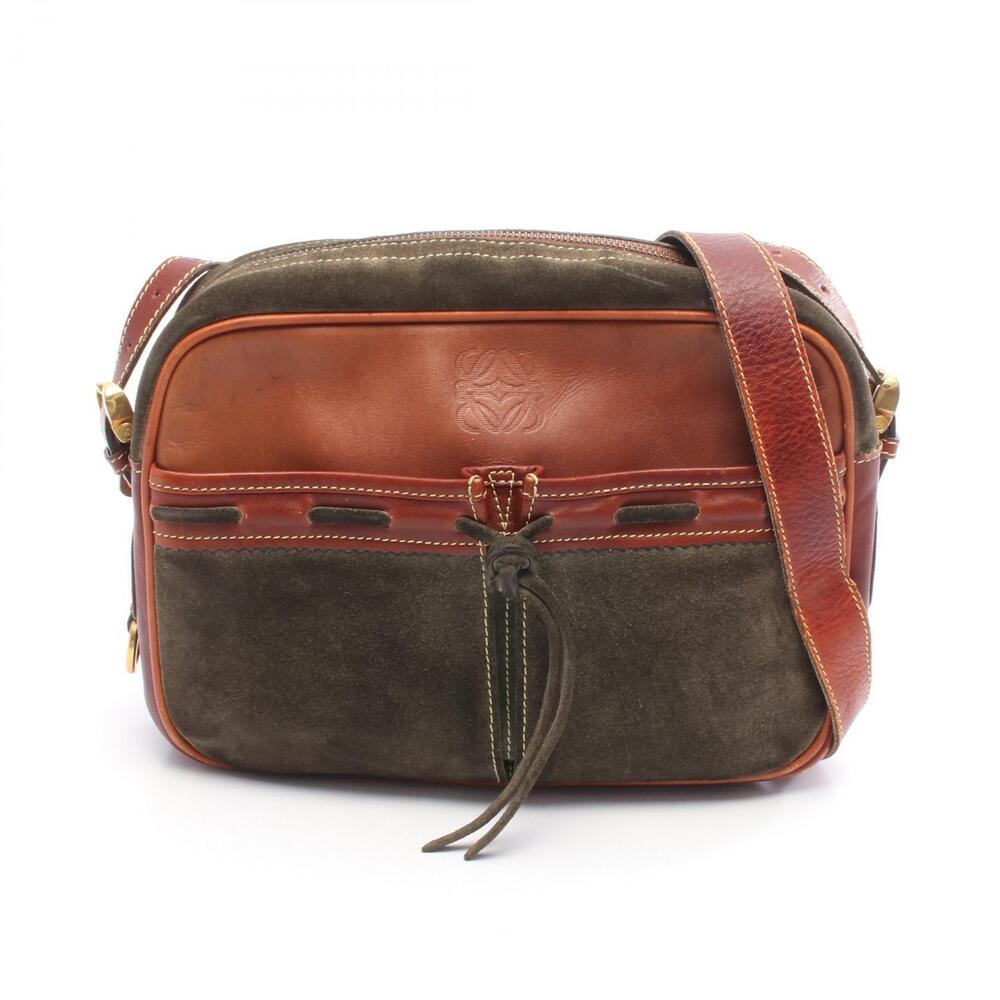 Loewe Anagram Shoulder Bag Suede Leather Khaki Green Brown
